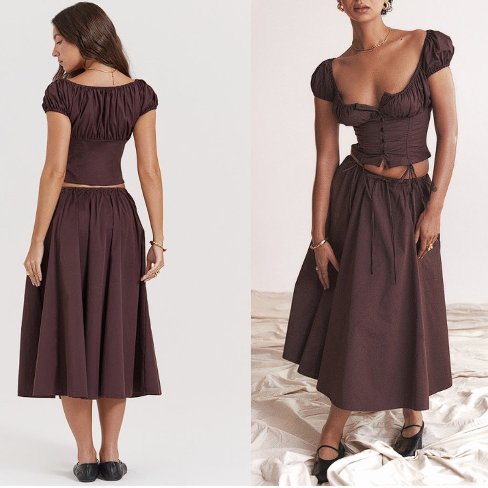HOUSE OF CB 'Kitty' & ‘Cora’ Rich Brown Gathered Midi Skirt Set NWOT - Picture 9 of 12